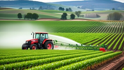 Obraz premium Vibrant red tractor in lush green field, expansive rural landscape, rolling hills, misty morning atmosphere, golden sunrise, precision farming, agricultural machinery, corn rows, fertile soil, idyllic