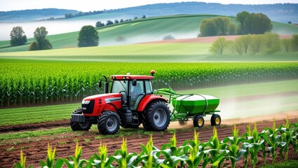 Vibrant red tractor in lush green field, expansive rural landscape, rolling hills, misty morning atmosphere, golden sunrise, precision farming, agricultural machinery, corn rows, fertile soil, idyllic