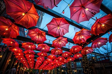 A collection of red umbrellas suspended from the ceiling, creating a unique and colorful display