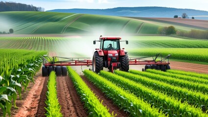 Vibrant red tractor in lush green field, expansive rural landscape, rolling hills, misty morning atmosphere, golden sunrise, precision farming, agricultural machinery, corn rows, fertile soil, idyllic
