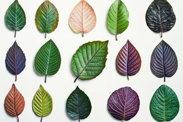Obraz premium A collection of colorful leaves arranged on a white surface