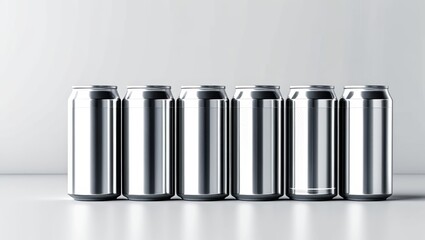 Aluminum beverage cans, row of metallic cylinders, shiny silver surfaces, industrial design, minimalist composition, clean lines, product photography, reflective materials, uniform arrangement, monoch
