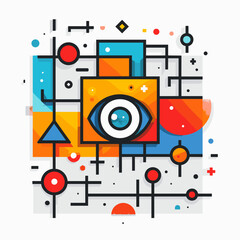 Colorful image of a camera lens with a blue eye. The image is abstract and has a playful, whimsical feel to it. The eye is surrounded by a variety of shapes and colors, including squares, triangles