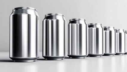Aluminum beverage cans, row of metallic cylinders, shiny silver surfaces, industrial design, minimalist composition, clean lines, product photography, reflective materials, uniform arrangement, monoch
