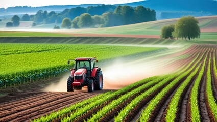 Fototapeta premium Vibrant red tractor in lush green field, expansive rural landscape, rolling hills, misty morning atmosphere, golden sunrise, precision farming, agricultural machinery, corn rows, fertile soil, idyllic