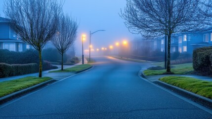 Misty Suburban Neighborhood at Night