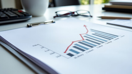 Office desk with financial documents, a cup of coffee, and a calculator.