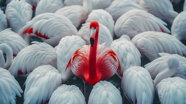 Red Flamingo Among White Feathers