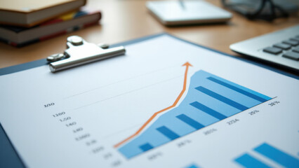 Office desk with a chart showing business growth on paper.
