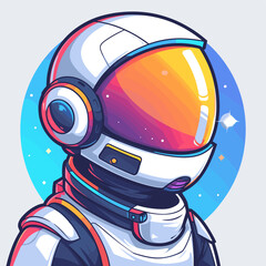 Cartoon astronaut with a helmet and a space suit. The astronaut is wearing a blue and white space suit and has a red stripe on the side. The astronaut is looking up at the sky