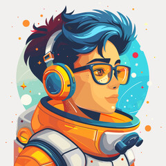 Man in a space suit with headphones on his head. He is wearing glasses and has a smile on his face