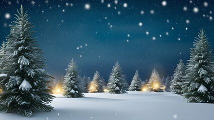 Fototapeta premium christmas tree and snow. christmas trees in the snow. christmas tree with lights in the background