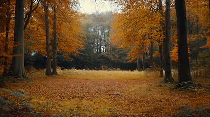 Fototapeta premium Autumn forest clearing with fallen leaves