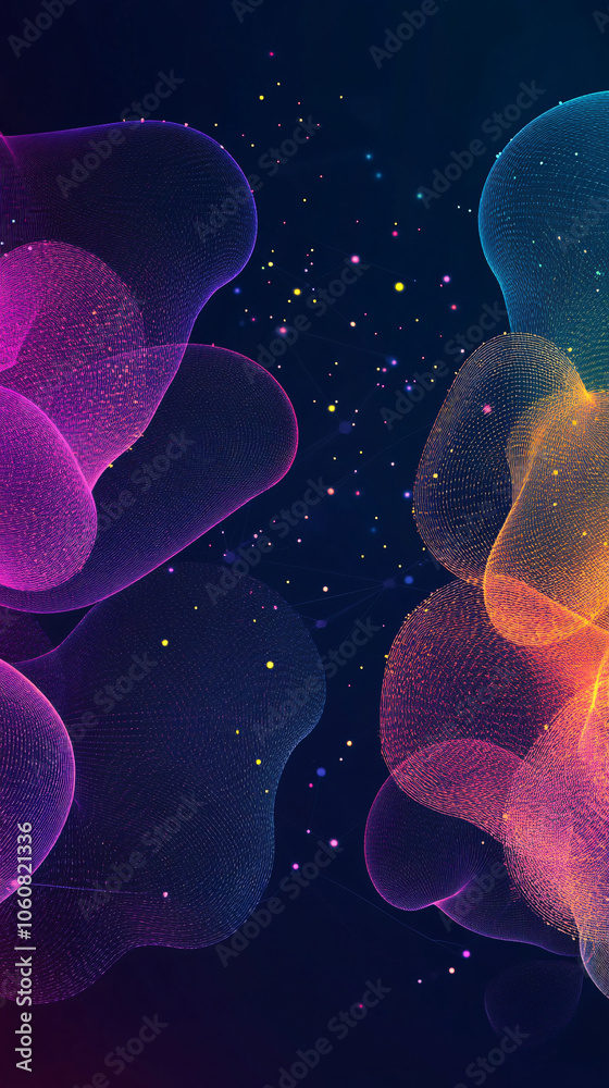 Poster abstract background with colorful particles flowing and forming abstract shapes