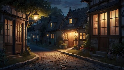 Fototapeta premium Manga or anime illustration of a charming cottage village street at dusk. [Painting Digital Art]. Fantasy, storybooks, and historical context. Postcard, Graphic Novel, or Product Image.]
