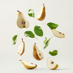 Obraz premium Pear with half slices falling or floating in the air with green leaves isolated on a white background, Fresh organic fruit with high vitamins and minerals