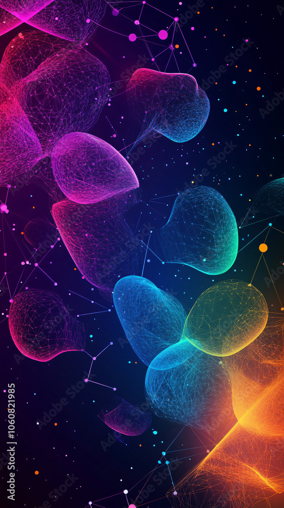 Leinwandbilder network mesh is glowing in a spectrum of colors, with bright dots of light connecting the lines