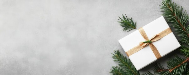 Elegant holiday gift card on a gray background, accompanied by a single green pine needle