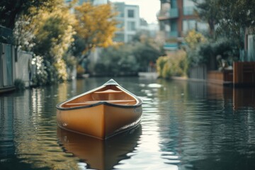 Obraz premium A small boat floats on the surface of a calm river