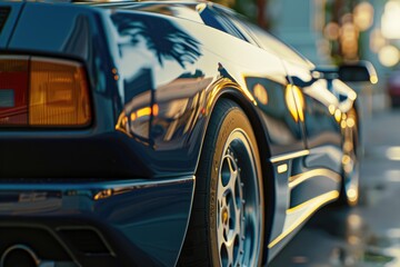 Fototapeta premium A black sports car stopped on the roadside, ready for next journey