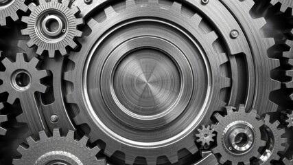 Seamless pattern of interlocking cogs in various metallic shades, ideal for industrial-themed wallpaper or background design, rotation, machinery