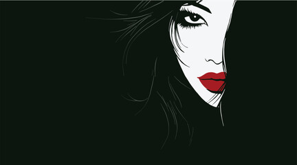 Black and white vector graphic of a beautiful female face with long hair, red lips and simple shapes on a solid background, this design could be used as a beauty salon logo