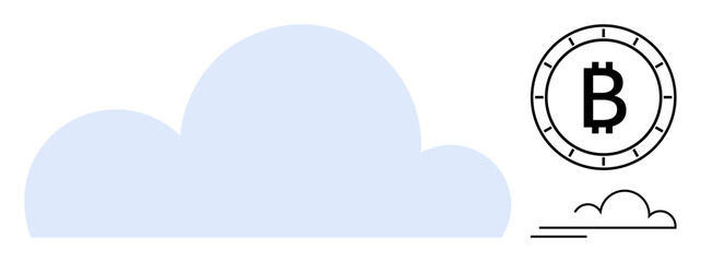 Large blue cloud with bitcoin symbol and a smaller cloud outline. Ideal for cloud computing, cryptocurrency, digital security, online trading, financial technology, innovative solutions