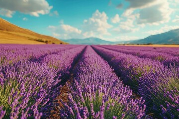 Naklejka premium Lavender Field with Mountain Background and Cloudy Sky