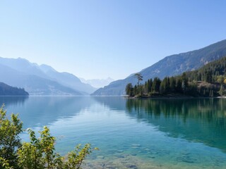 Fototapeta premium Scenic view of a serene lake surrounded by lush green trees and distant mountains, beauty, serene