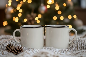 Obraz premium Cozy holiday scene featuring two stacked white enamel mugs with black rims, set against a backdrop of a Christmas tree and bokeh lights.