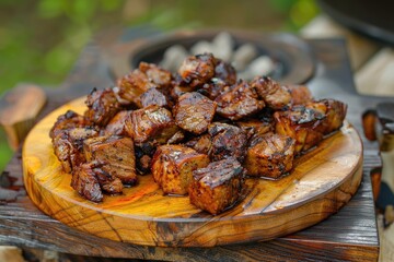 Fototapeta premium A simple meal served on a wooden table, featuring a wooden plate topped with meat