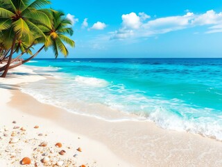 Fototapeta premium Sandy beach with palm trees and crystal blue water under clear skies, horizon, shore