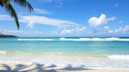 Sandy beach with crystal clear water and palm trees, sand, vacation