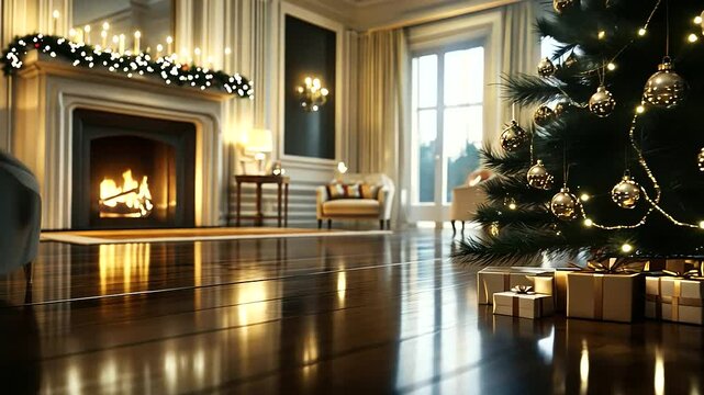 A luxurious living room featuring a grand fireplace adorned with elegant garlands and candles, alongside a beautifully decorated Christmas tree sparkling with ornaments, creating a