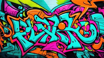 Colorful graffiti art, vibrant street mural, wildstyle lettering, neon colors, abstract urban design, spray paint texture, dynamic curves and arrows, intricate overlapping shapes, psychedelic color pa