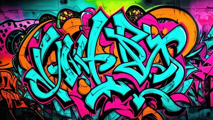 Naklejka premium Colorful graffiti art, vibrant street mural, wildstyle lettering, neon colors, abstract urban design, spray paint texture, dynamic curves and arrows, intricate overlapping shapes, psychedelic color pa