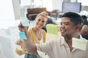 Office, teamwork and business people with sticky notes for brainstorming, planning and solution...