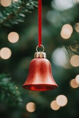 Red Christmas bell ornament hanging on a tree with blurred lights in background.