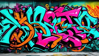Naklejka premium Colorful graffiti art, vibrant street mural, wildstyle lettering, neon colors, abstract urban design, spray paint texture, dynamic curves and arrows, intricate overlapping shapes, psychedelic color pa