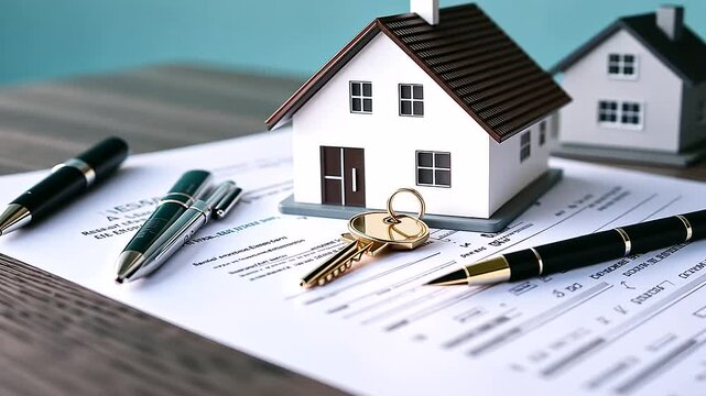 A miniature house placed on top of mortgage application papers, with keys and a pen nearby, evoking the process of real estate investment and homeownership.
