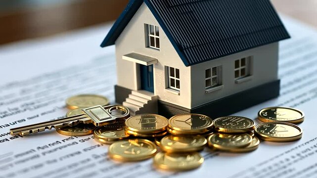 A miniature house resting on top of a mortgage contract, with a key and coins in the background, symbolizing the process of securing real estate investments.