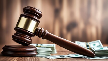 Wooden gavel, stack of dollar bills, legal documents, dramatic lighting, courtroom setting, financial justice concept, corruption theme, law and money, high contrast, shallow depth of field, detailed 