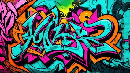 Naklejka premium Colorful graffiti art, vibrant street mural, wildstyle lettering, neon colors, abstract urban design, spray paint texture, dynamic curves and arrows, intricate overlapping shapes, psychedelic color pa