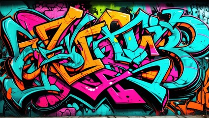 Colorful graffiti art, vibrant street mural, wildstyle lettering, neon colors, abstract urban design, spray paint texture, dynamic curves and arrows, intricate overlapping shapes, psychedelic color pa