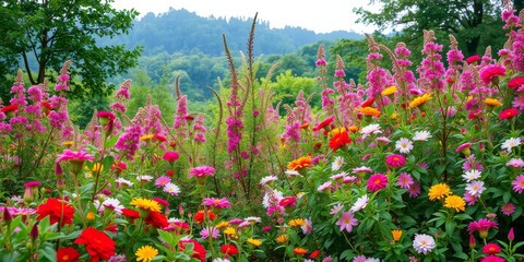 Peaceful and serene nature scene with lush green trees and colorful flowers blooming, foliage, wallpaper