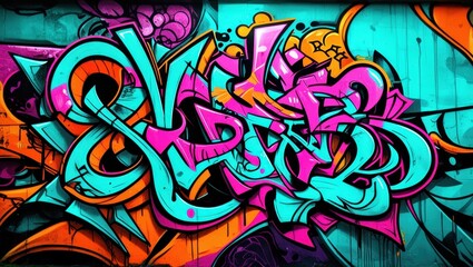 Obraz premium Colorful graffiti art, vibrant street mural, wildstyle lettering, neon colors, abstract urban design, spray paint texture, dynamic curves and arrows, intricate overlapping shapes, psychedelic color pa