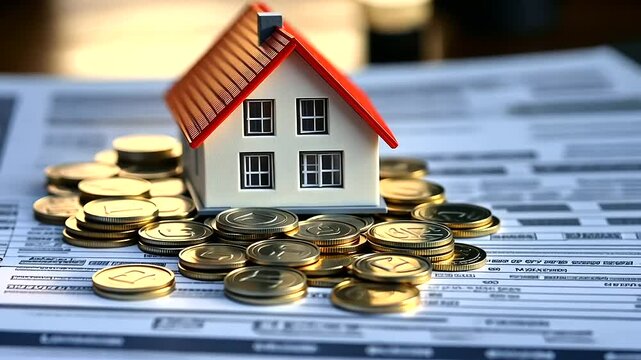 A small, detailed house model surrounded by coins, sitting on top of a mortgage payment schedule, representing the financial intricacies of property ownership.