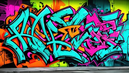 Obraz premium Colorful graffiti art, vibrant street mural, wildstyle lettering, neon colors, abstract urban design, spray paint texture, dynamic curves and arrows, intricate overlapping shapes, psychedelic color pa