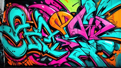 Colorful graffiti art, vibrant street mural, wildstyle lettering, neon colors, abstract urban design, spray paint texture, dynamic curves and arrows, intricate overlapping shapes, psychedelic color pa