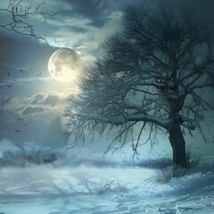 Winter Nightscape with Snow-Covered Tree and Full Moon